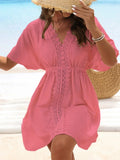 V Neck Lace Short Sleeve Tunic Beach Cover Up Cover-ups Beach Dress Beach Wear Beachwear Female Outfits Bathing kaftan for Women