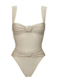 2025 Fashionable Beige One-Piece Swimsuit with Unique Floral Design Perfect for Beach Wear and Pool Parties Summer Getaways