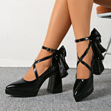 Punk Pointed Toe Thick Heels Mary Jane Shoes Women Bowknot Decor Cross Strap Platform Pumps Woman Patent Leather Party Shoes