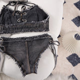 DEKA Retro Women Bikini Denim Suits Summer Halter Camis+ Mini Pant Lingerie Fashion Vacation Swimsuits Sexy Bra&Briefs Sets