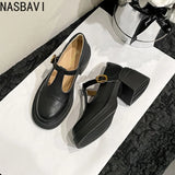 Ladies Retro Style High Heel Single Shoes for Women Platform Thick Heel Buckle Design Casual Loafers T-strap Leather shoes New