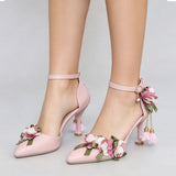 Small Big Size 32-46 Women's Elegant Pink Flowers High Heels Sandals Summer Sexy Pointy Toe Party White Wedding Sandals Shoes