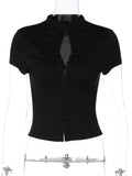 FDYOUI Woman Covered Buttons T-shirts 2026 Summer Short Sleeve Slim Cardigan Tops Ladies Chic Corset Tee Shirt White Black Red
