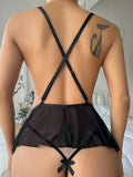 Sensual Lace Hollow Bodysuit  Sexy Crotchless Lingerie Thong Women Erotic Pajamas Teddy Babydoll Dress Deep V Open Bra Porn Set