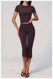 Yoga Set for Women High Waist Hip Lifting Tight Mid Pants Fitness Suit Short Sleeve O Neck Slimming Sports T Shirt Athletic Wear