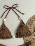 Sexy Beige Black Micro Bikini Set 2026 Women Pearls Strap Push Up Bra Pleate Thong Swimsuit Beach Bathing Suit Holiday Swimwear