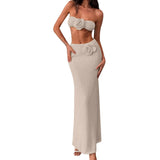 Women’s Two Piece Summer Outfits Solid Color Strapless 3D Flower Tube Tops and Long Skirt Set Knitted Holiday Beachwear