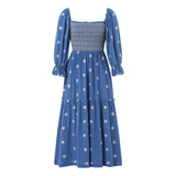 Women Spring Fall Long Dress Long Sleeve Dress Square Neck Embroidery Flower Loose Swing Dress Wit Pocket