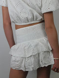 Shirred Mini Skirt A-Line Pointelle High Waist Layered Ruffle Skirt for Women 2024 Summer Solid Color Sweet Skirts