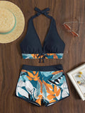 2026 Summer Women's Print Patchwork Swimsuit Sexy Deep V Neck Back Lace-up Swimwear High Waist Shorts Tankini Bathing Suit Beach