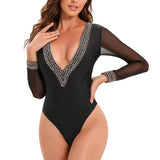 New Sexy One Piece Swimsuit Swimwear Women Black Mesh Long Sleeves Deep V-neck Bathing Suit Beachwear 2026 Maillot De Bain Femme