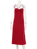 Ahagaga Summer Sexy Club Women's Fashion Bow Strap Dresses V-Neck Long Y2K Sleeveless Solid Skin Summer Party Evening Bodycon