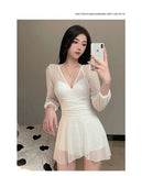 Swimsuit Women's Summer New One-piece Skirt Style Slimming Lace Long Sleeved Small Chest Steel Support Hot Spring Swimsuit