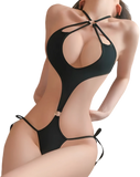 Women Black Cutout Bodysuit Lingerie Halter Neck Backless Teddy Tie Side Strappy One Piece Nightwear Party Outfit