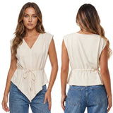 Fashion Women Sleeveless Blouse Waist Tie-ups V Neck Loose Fit Irregular Tops Club Party Street Shirts Summer Solid Color