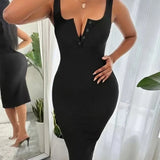 Button Front Scoop Neck Tank Dress  Sleeveless Pencil Tank Dress For Spring  Summer  Women's Clothing