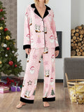 Women's Christmas Pajamas Set Long Sleeve V Neck Stocking Tree Print Tops and Pants Lounge Wear Two Pieces Suits