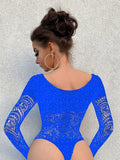 Toucheart Sexy Lingerie Long Sleeve Women's Jumpsuit Hollow Bikini One Piece Sexy Jacquard Solid Color Mesh See-through Bodysuit