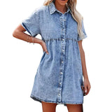 Faux Denim Button-down Mini Dress Women Summer Dress Short Sleeves A-line Lapel Patchwork Dress for Dating Commuting Party