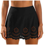 Women Solid High Waist Swim Skirts Hollow Out Floral Cutout Scalloped Hem A Line Bikini Cover Up Skirt Vacation Pool Beachwear