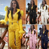Women Winter Jumpsuit with Gloves Elastic Waist Thickened Padded Snowsuit Hooded Windproof Outdoor Ski Outfit Waterproof Jacket