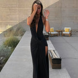 FDYOUI 2026 Summer Deep V-neck Hollow Out Long Maxi Evening Dress Women Chic Backless High Slit Ruched Solid Party Club Dresses