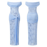 Women Off Shoulder Dress Sleeveless Lace Patchwork Tie-up Summer Long Dress for Cocktail Party