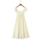 French Country-style Square-neck Dress With Puffed Sleeves Elasticated Waist And A Stylish Tie Design Perfect For Seaside TEW7