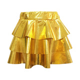 Women's Gold Metallic Tiered Mini Skirt Elastic High Waist Shiny Pu Ruffle Hem Party Skirts Dance Performance Festival Outfits