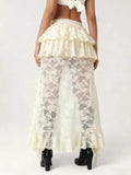 Summer Women Flower Lace Long Skirt Elastic High Waist Layered Ruffle Irregular Skirt Streetwear