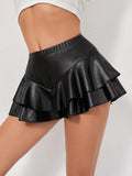 Women’s PU Leather Ruffle Shorts Elastic High Waist Skorts Summer Fashion Casual Loose Shorts Skirts Streetwear