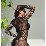 Women Sheer Mesh Long Sleeve Beach Cover Up, Sexy See-Through Fishnet Dress, Solid Bodycon  For Summer Beach Party