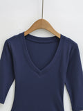 New Pure Desire Casual Style T-Shirt Hot Girl Sexy V-Neck Wool Lyocell Stretch Slim Fit Mid-Sleeve Solid Color Thin T-Shirt WLOC