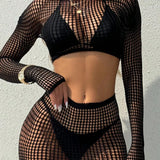2 Piece Set Women Long Sleeves Beach Cover Up Without Bikini See Through Dress Fishnet Summerwear Vacation Swimsuit Swimwear