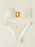 Striped Textured Bandeau Bikinis 2025 Women Sexy Swimsuit Push Up Swimwear Female Bathing Suit Swimming Summer Beachwear