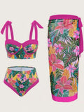 Vintage Black Floral Print Bikini 2026 Women Push Up Underwire Bra High Waist Swimsuit Beach Bathing Suit Skirt 3 Piece Swimwear