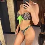 Sexy Bandeau Knotted Splicing Leopard Bikini Women Swimwear Female Swimsuit Two-Pieces Bikini Set Bather Bathing Suit Swim V4179