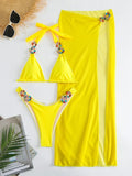 Mesh Skirt Halter Jewelled Diamond Bikini Female Swimsuit Women Swimwear Three-pieces Bikini Set Bathing Suit Swim Beachwear