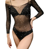 Women Solid Backless Jumpsuit See-Through Long Sleeve Shoulder Body Suits Casual Street Rhinestone BodyconTop Club PartyClothing