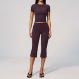 Yoga Set for Women High Waist Hip Lifting Tight Mid Pants Fitness Suit Short Sleeve O Neck Slimming Sports T Shirt Athletic Wear