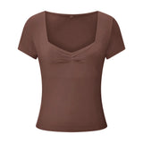 New Women T-shirt Summer Solid Color Short Sleeve Square Neck Slim Fit Crop Tops Casual Elegant Basic Tee Shirts