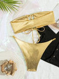 sexy gold giltter bandage bandeau bikinis sets two pieces 2024 women thong swimsuit female bathing suit swimwear biquini