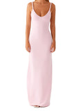 Women Sleeveless Summer Solid Color Twisted Straps Dresses V-Neck Backless Party Club Vacation Beach Long Dresses