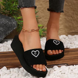 Shiny Heart Shape Rhinestone Black Slippers Women Fashion Elastic Band Platform Slides Female New Style Med Heel Slippers Female