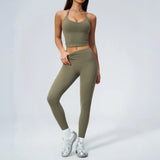 Women Tracksuit 2PCS Seamless Yoga Sets Hanging V Neck Slim Sports Tank Top Fitness Outfits Gym Running High Waist Leggings Suit