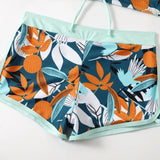 2026 Summer Women's Print Patchwork Swimsuit Sexy Deep V Neck Back Lace-up Swimwear High Waist Shorts Tankini Bathing Suit Beach