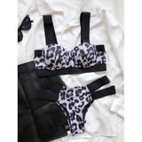 Sexy Bikini Women Swimwear Swimsuit Push Up Leopard Block Color Patchwork Double Bandages High Waist Bikinis Set Bathing Suit