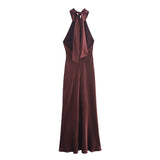 Foridol Halter Satin Dress Women Sexy Backless Burgundy summer spring Dress Elegant Maxi Long Party Dress Christmas Vestidos