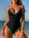 V Neck Wrinkled Ribbed Cross Backless One Piece Swimsuit Women Swimwear Female High Leg Cut Monokini Bather Bathing Suit Swim