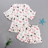 Casual Flamingo Print Pajama Set For Women Short-Sleeve Round Neck Top And Shorts Trendy Sleepwear Nightwear Can Be Worn Outside